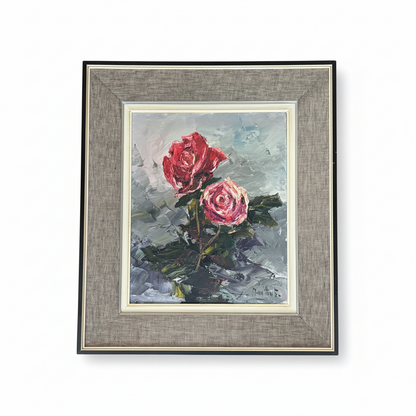 Tableau roses encadrement tissus signé Moreillon - Ref 1275