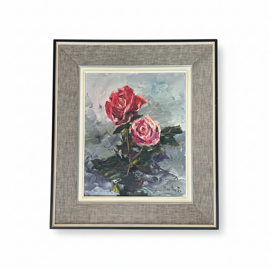 Tableau roses encadrement tissus signé Moreillon - Ref 1275