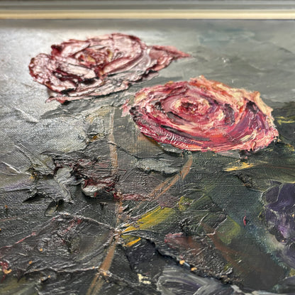 Tableau roses encadrement tissus signé Moreillon - Ref 1275