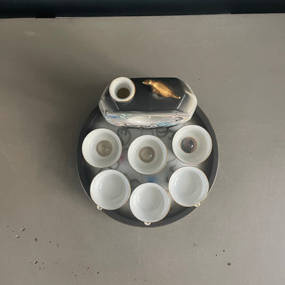 Service à saké en porcelaine – 6 tasses, bouteille et plateau - Ref 1123