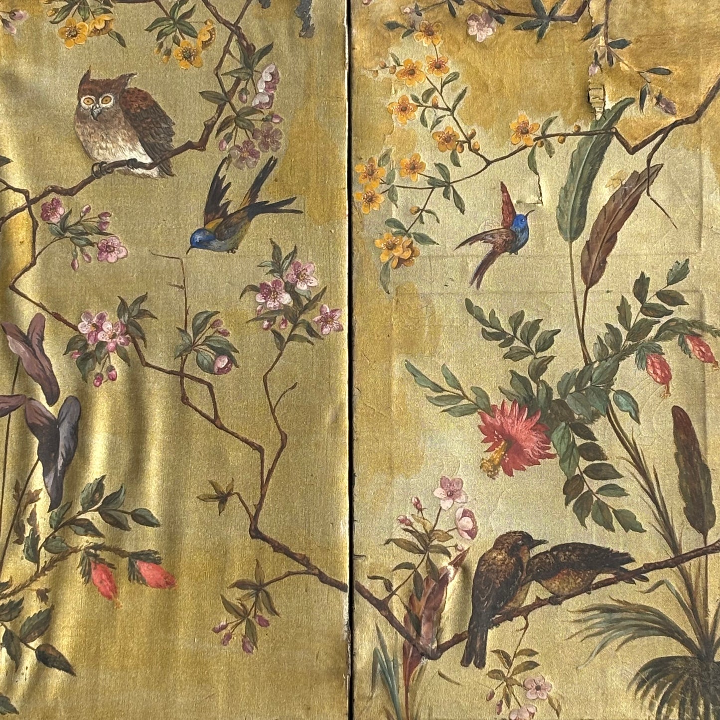 Paravent ancien peint à la main motifs oiseaux - Ref 1235