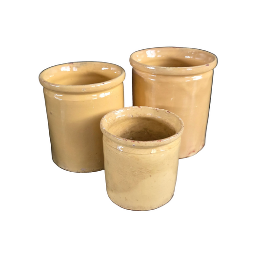 Trio de pots anciens en terre cuite vernissée jaune - Ref 1446
