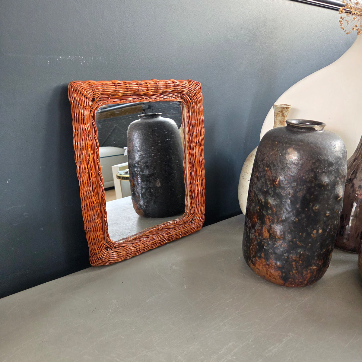Miroir vintage en rotin tressé - Ref 1448