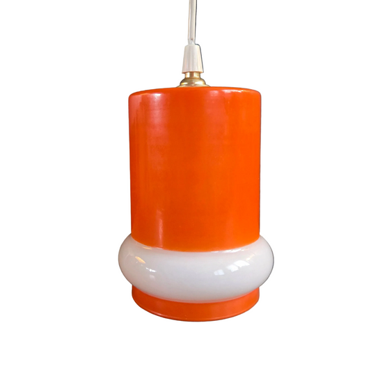 Suspension vintage en verre bicolore orange et blanc - Ref 1457