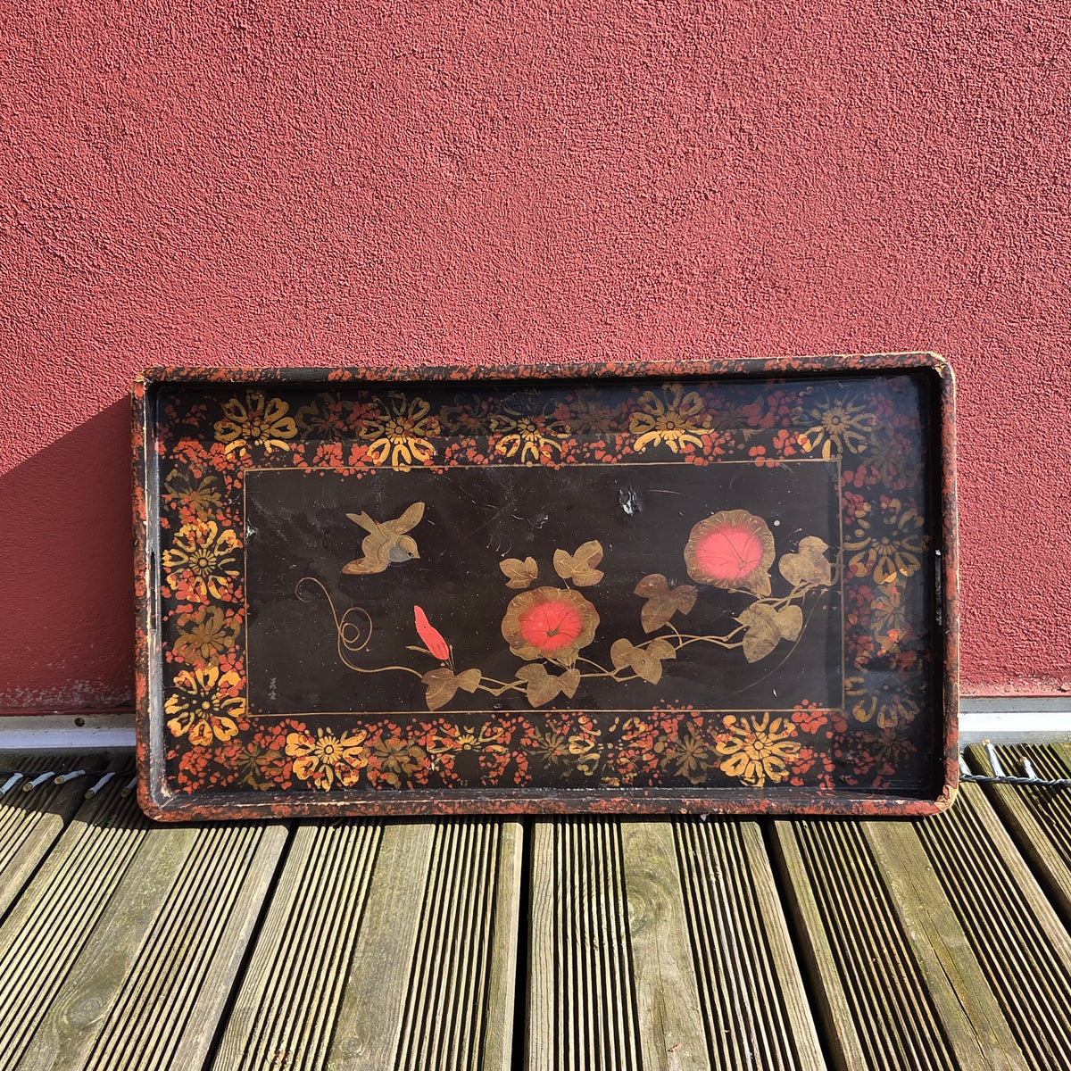 Plateau asiatique en bois laqué peint 52x29cm - Ref 1475