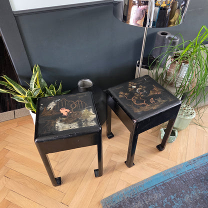 Paire de tabourets chinois en bois laqué peint - Ref 1471