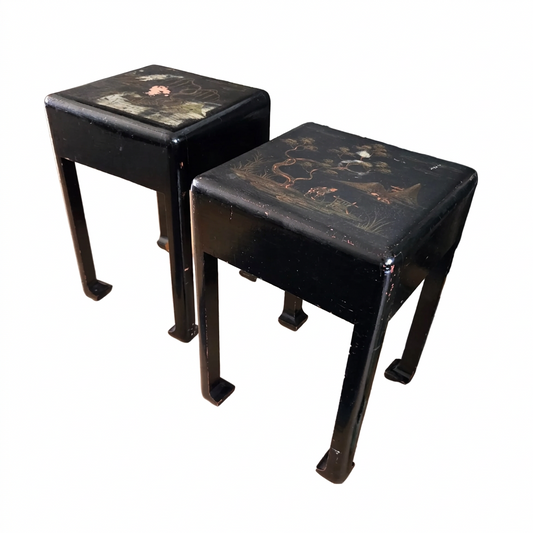 Paire de tabourets chinois en bois laqué peint - Ref 1471