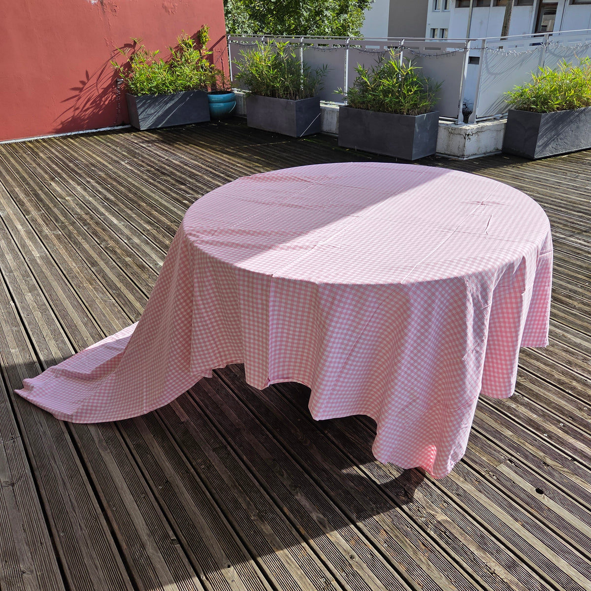 Pièce de tissu vichy rose - Drap ancien 260x170cm - Ref 1466