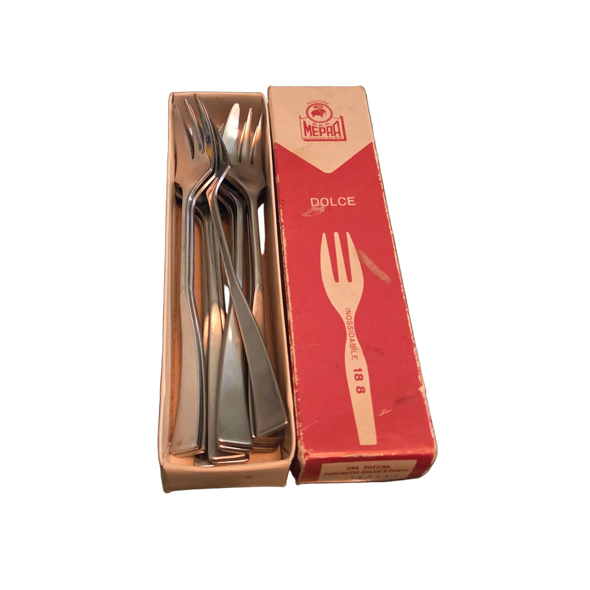 11 fourchettes à dessert Mepra « Dolce » – Italie vintage – boîte d’origine - Inox - Ref 1474
