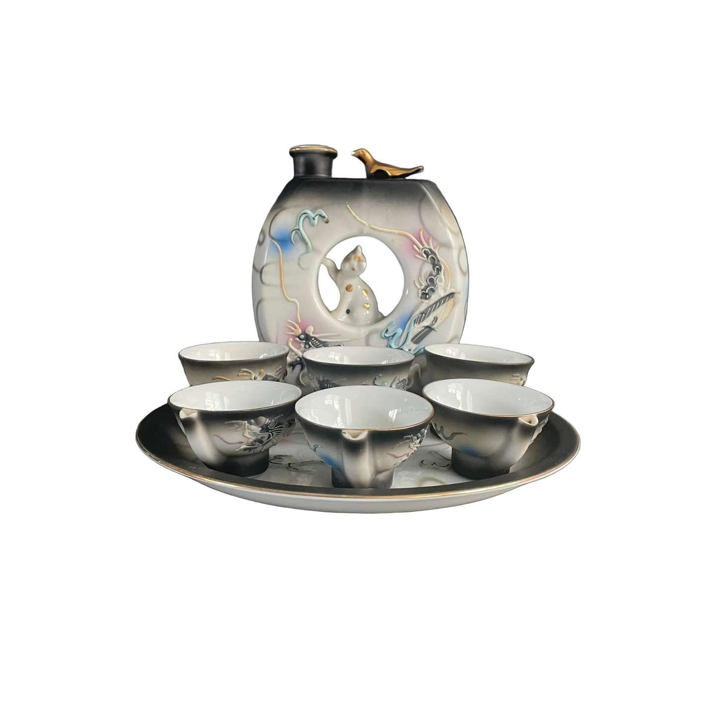 Service à saké en porcelaine – 6 tasses, bouteille et plateau - Ref 1123