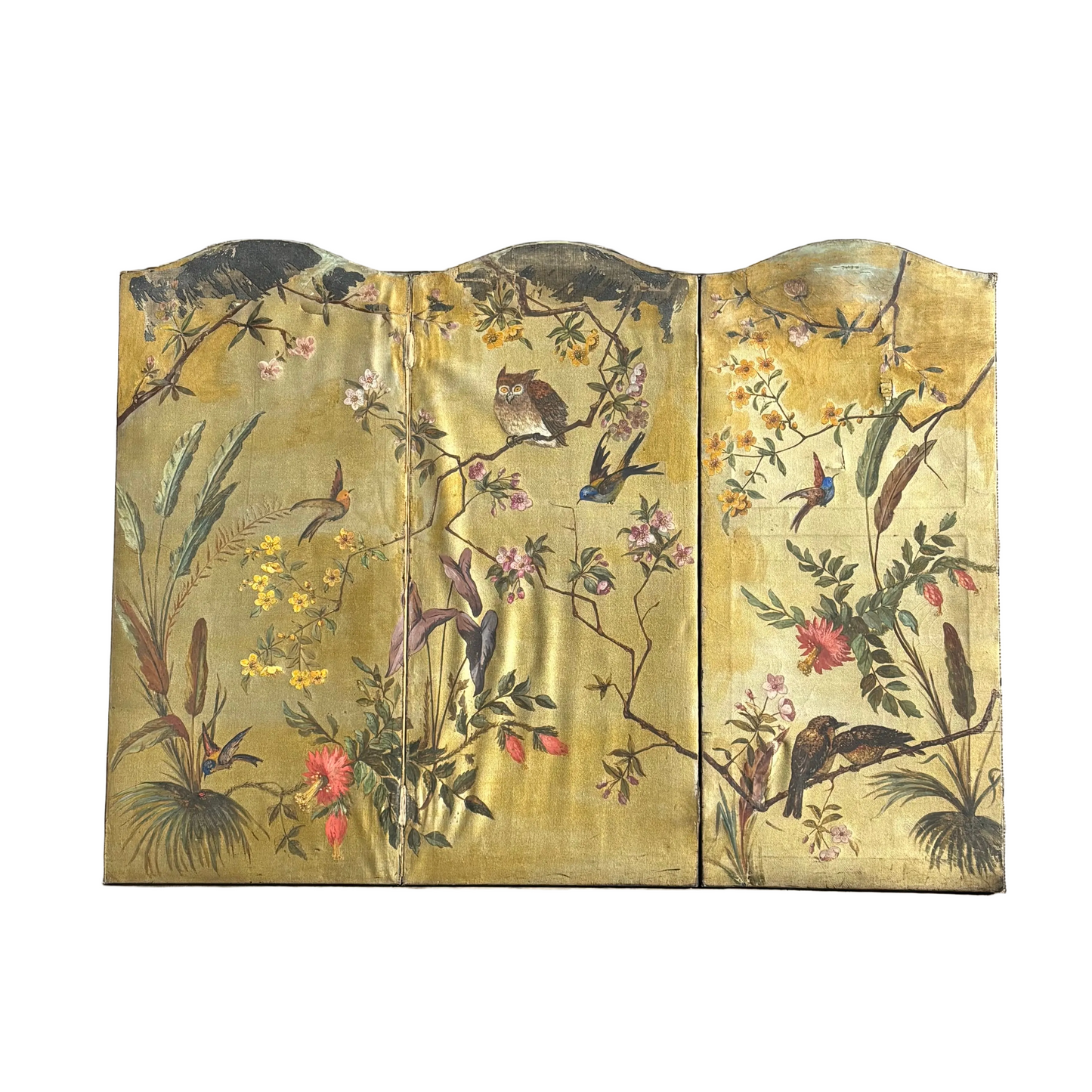 Paravent ancien peint à la main motifs oiseaux - Ref 1235