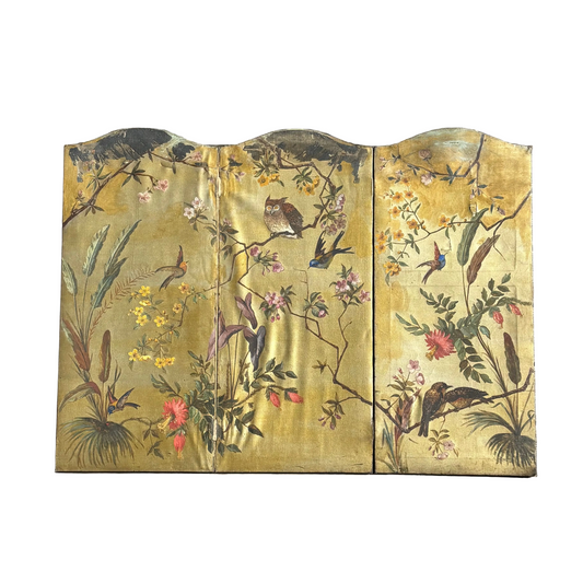 Paravent ancien peint à la main motifs oiseaux - Ref 1235
