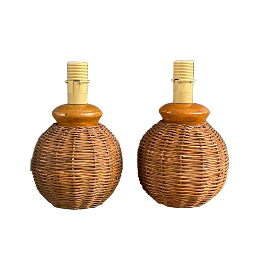 Paire de pieds de lampe boules en rotin - Ref 1186