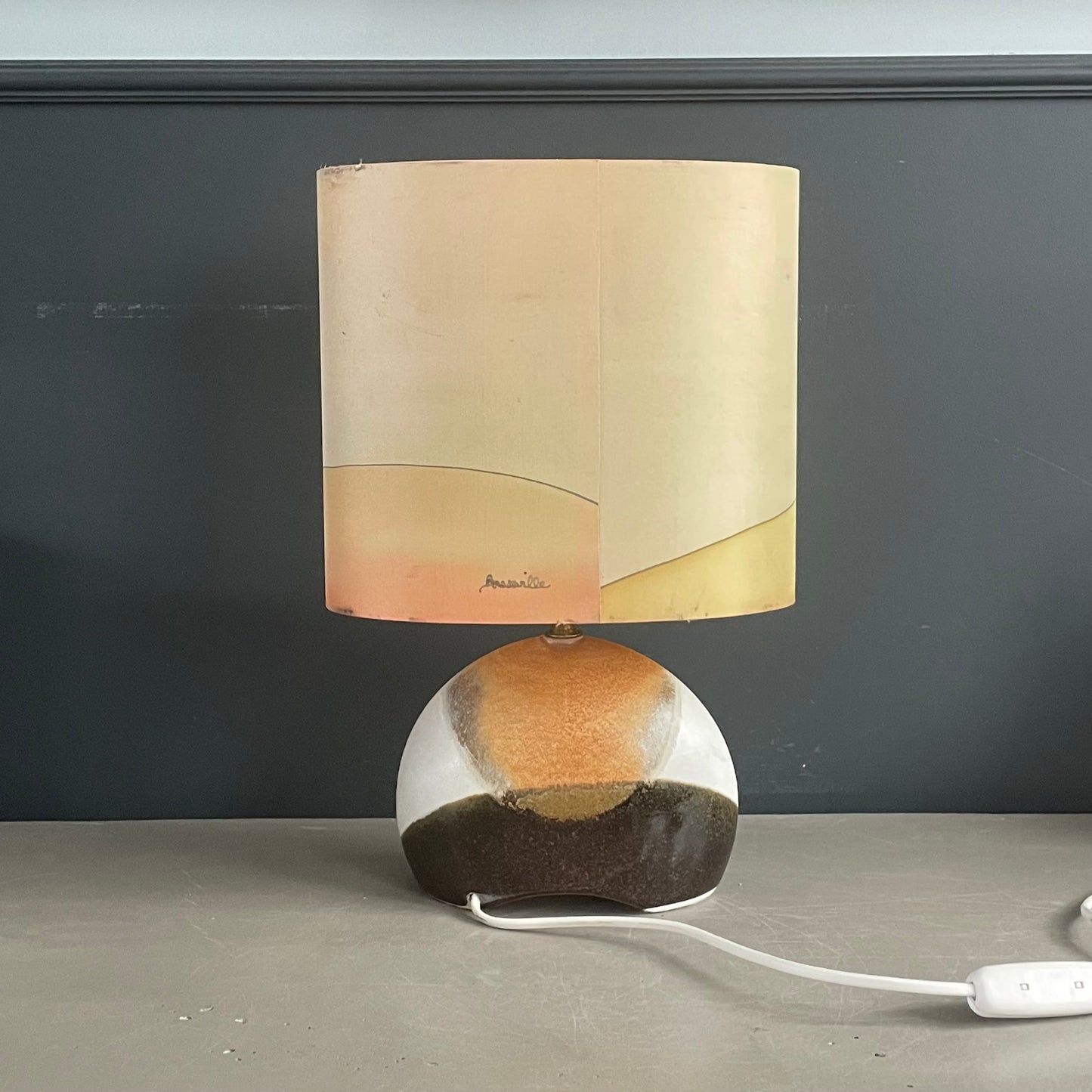 Lampe pied céramique et abat-jour en soie signé- Ref 1146