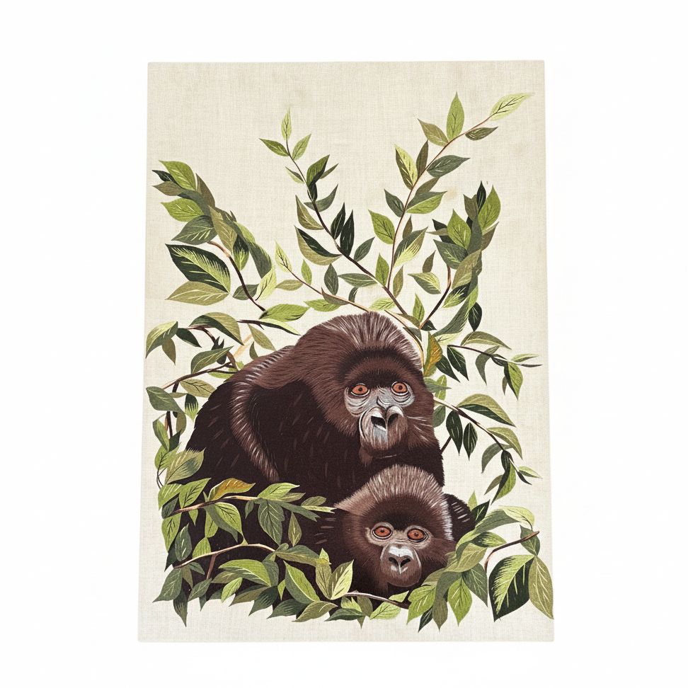 Broderie artisanale du Rwanda - Maman gorille et son bébé - Ref 1301