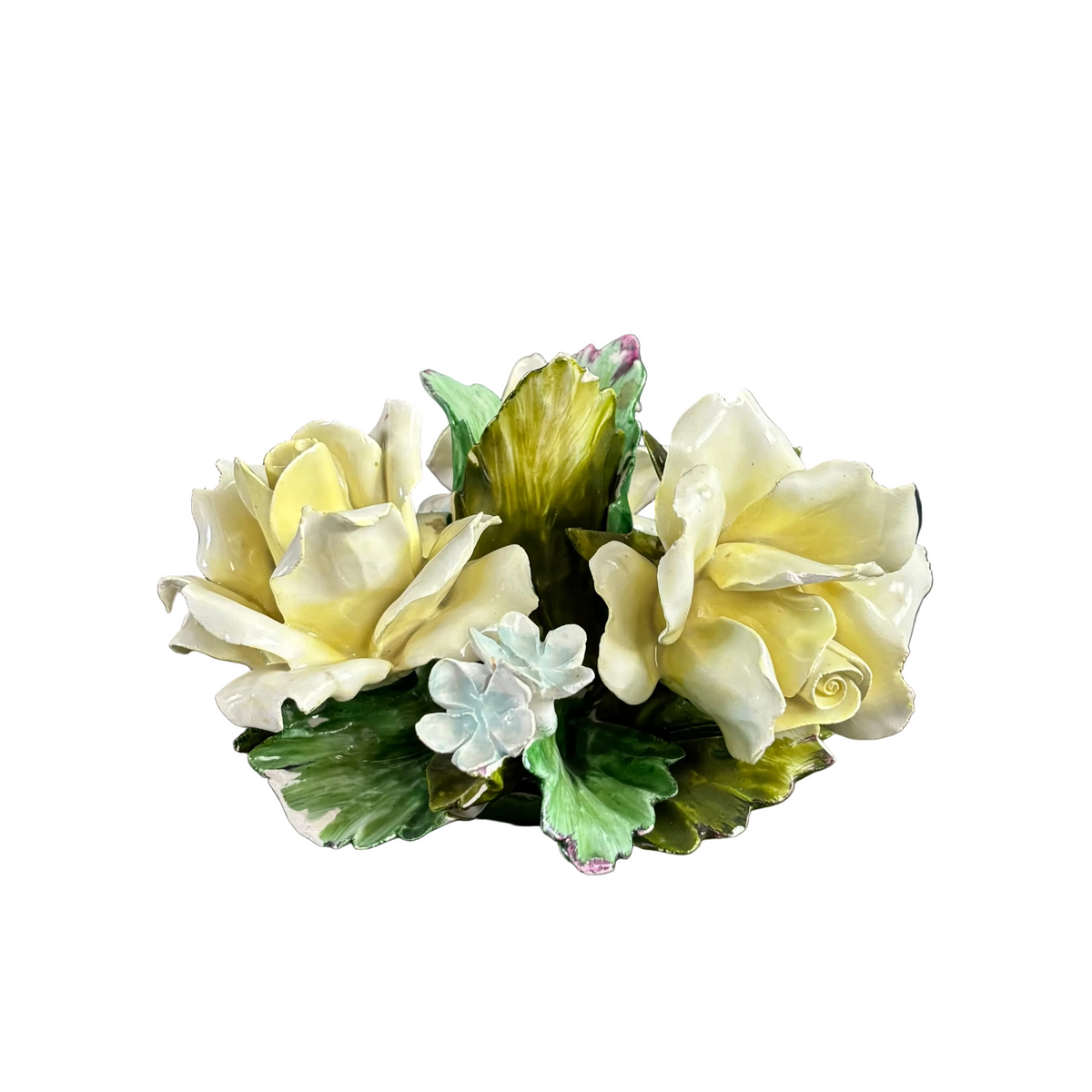 Bougeoir roses en barbotine de porcelaine - Capodimonte Italie - Ref 1378