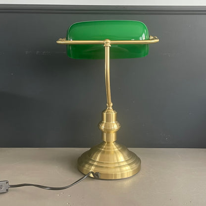 Lampe de bureau abat-jour en verre vert et pied en métal doré - Ref 1188