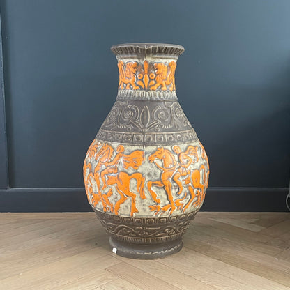 Grand vase de sol West Germany- motifs cavaliers oranges - Ref 1150