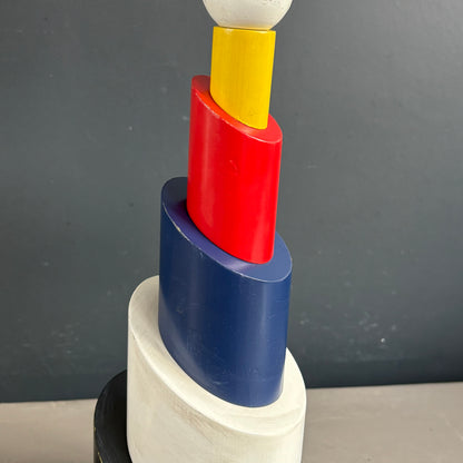 Pied de lampe totem années 80 en bois peint multicolore - Ref 1248