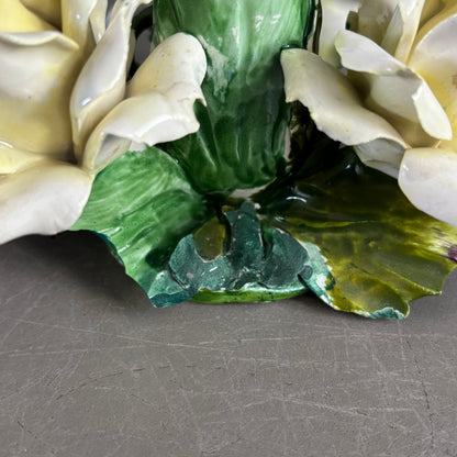 Bougeoir roses en barbotine de porcelaine - Capodimonte Italie - Ref 1378