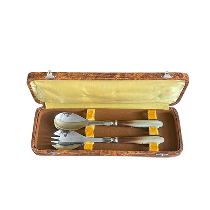 Couverts à salade en corne et inox dans leur coffret - Ref 1137