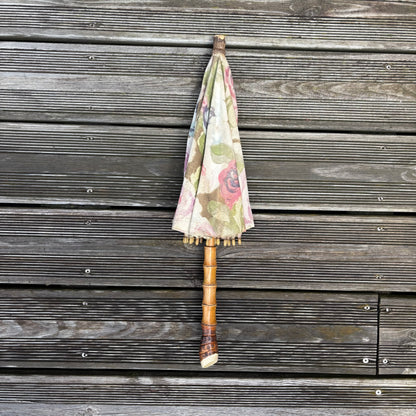 Ombrelle ancienne en bambou, bois et tissus fleuri début XXième - Ref 1254