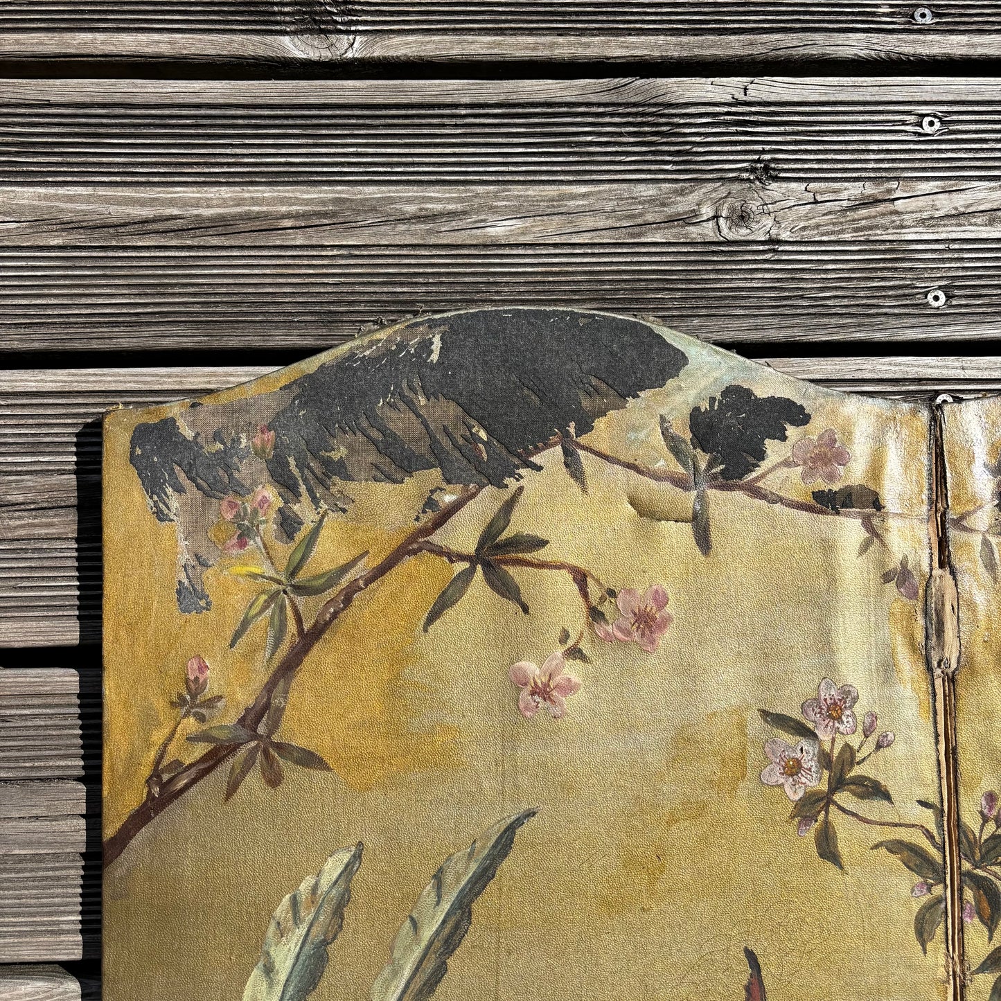 Paravent ancien peint à la main motifs oiseaux - Ref 1235