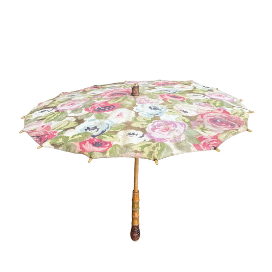 Ombrelle ancienne en bambou, bois et tissus fleuri début XXième - Ref 1254
