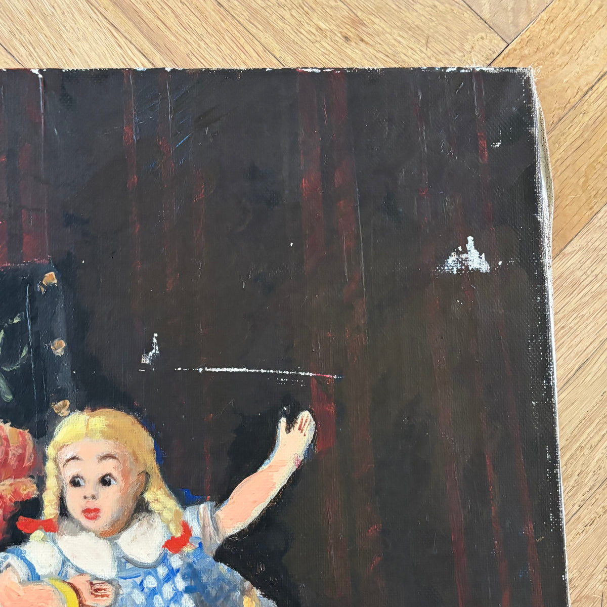 Tableau huile sur toile, jouets sur un fauteuil signé C.L.D. - Ref 1395