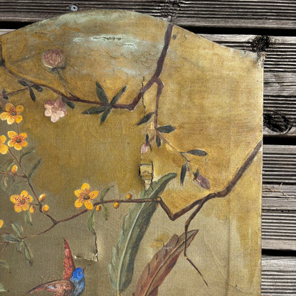 Paravent ancien peint à la main motifs oiseaux - Ref 1235