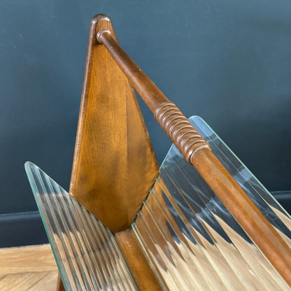 Porte-revues en verre cannelé et bois - années 50 - Ref 1377