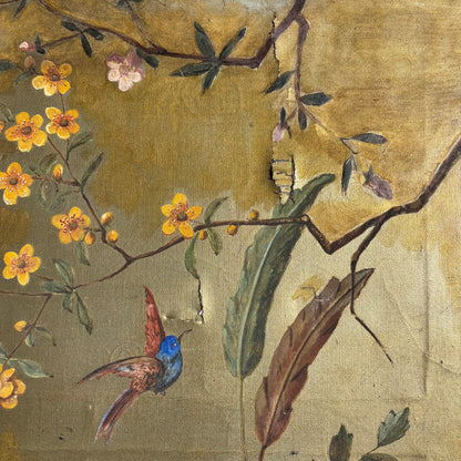 Paravent ancien peint à la main motifs oiseaux - Ref 1235