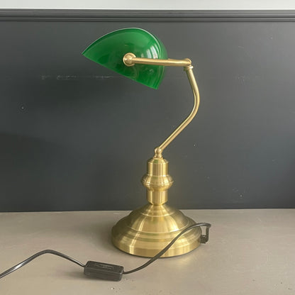 Lampe de bureau abat-jour en verre vert et pied en métal doré - Ref 1188