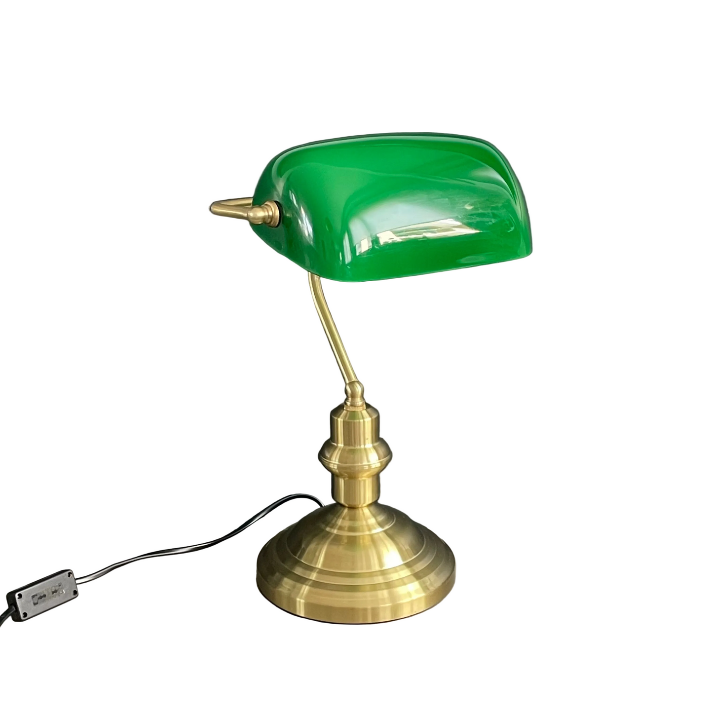 Lampe de bureau abat-jour en verre vert et pied en métal doré - Ref 1188