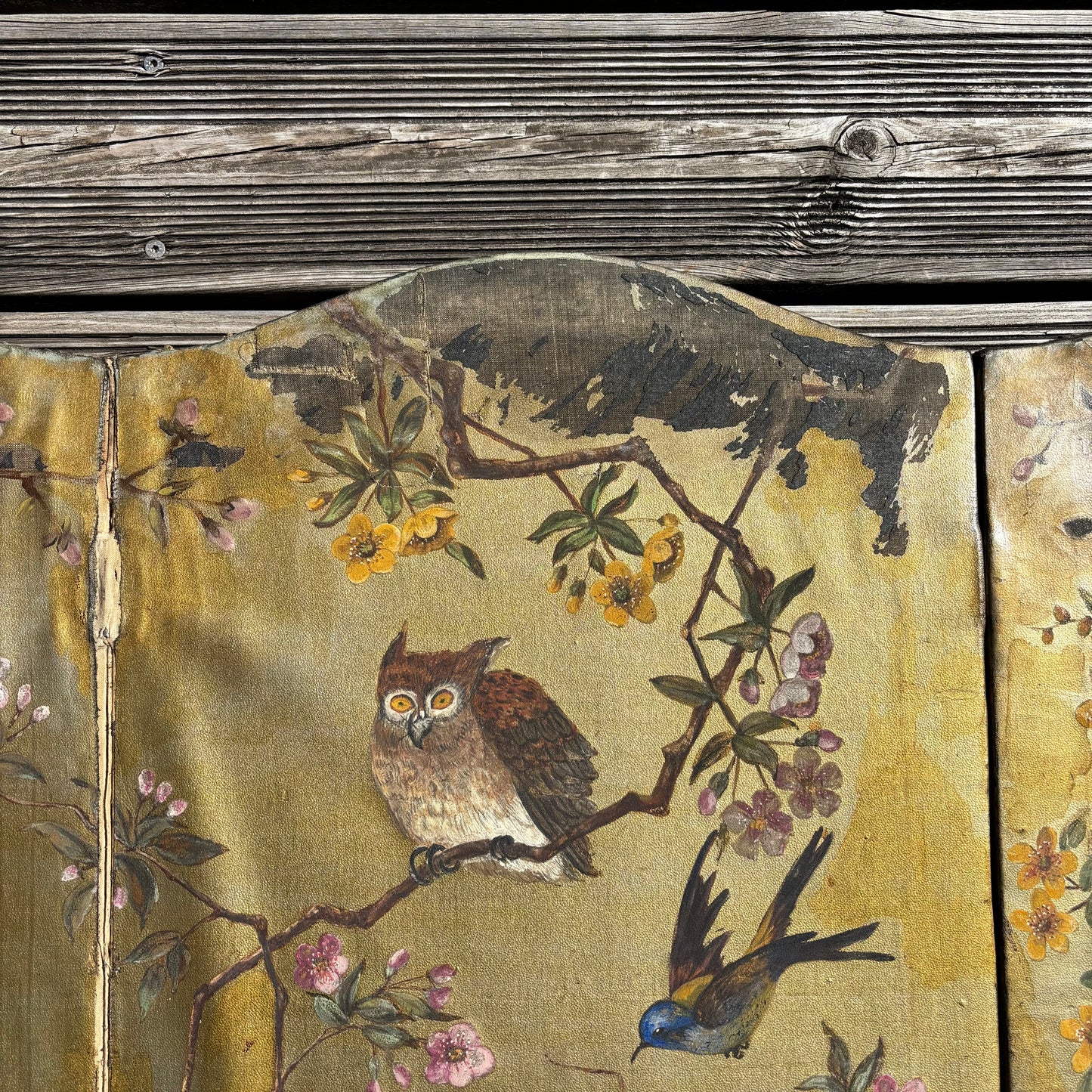 Paravent ancien peint à la main motifs oiseaux - Ref 1235