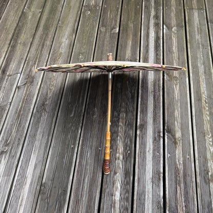Ombrelle ancienne en bambou, bois et tissus fleuri début XXième - Ref 1254