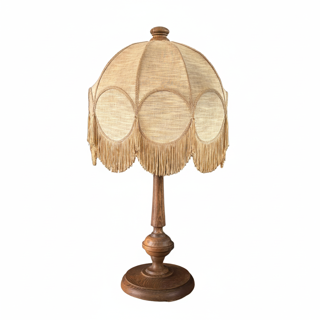 Grande lampe de salon pied bois et abat-jour à franges - Ref 1371