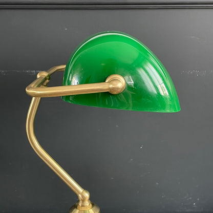 Lampe de bureau abat-jour en verre vert et pied en métal doré - Ref 1188