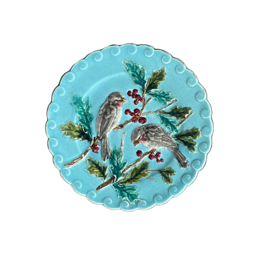 Assiette oiseaux et houx en majolique Sarreguemines XIXème - Barbotine - Ref 1158
