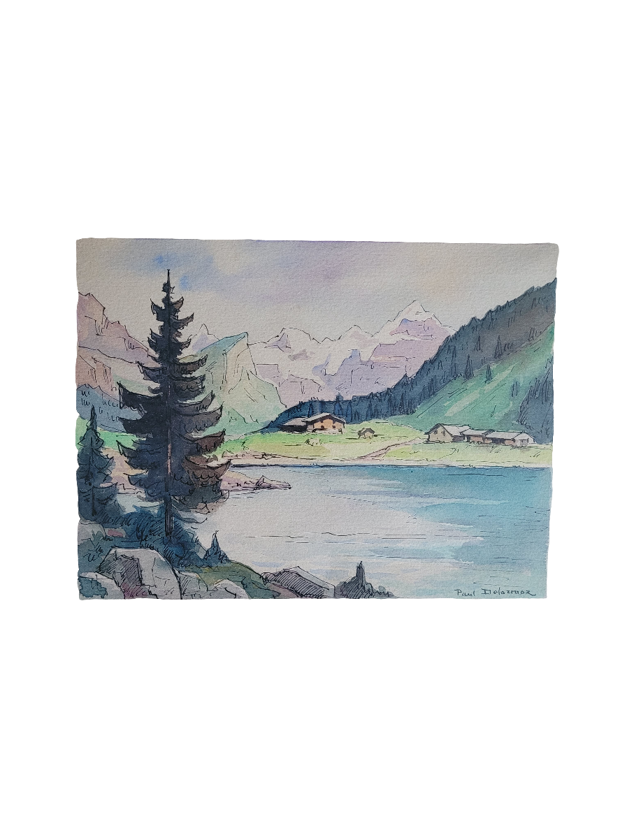 Tableau aquarelle paysage de montagne signé - Ref 384
