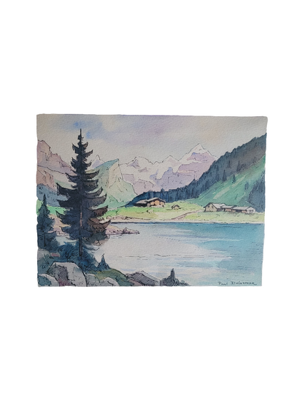 Tableau aquarelle paysage de montagne signé - Ref 384