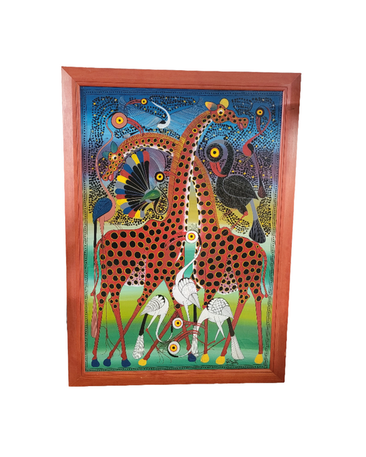 Tableau huile sur toile girafes et oiseaux Tinga Tinga signé- Ref 375