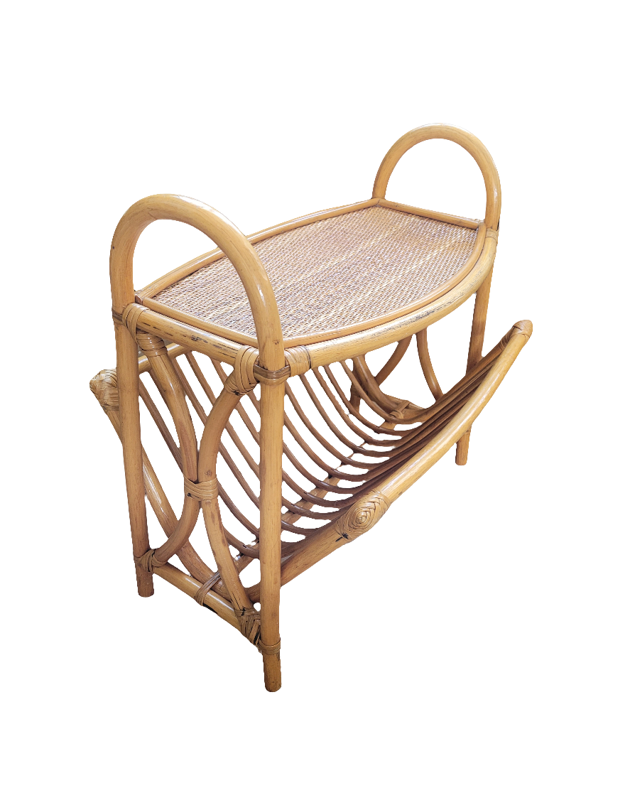 Porte-revues vintage à plateau en bambou et rotin - Ref 262