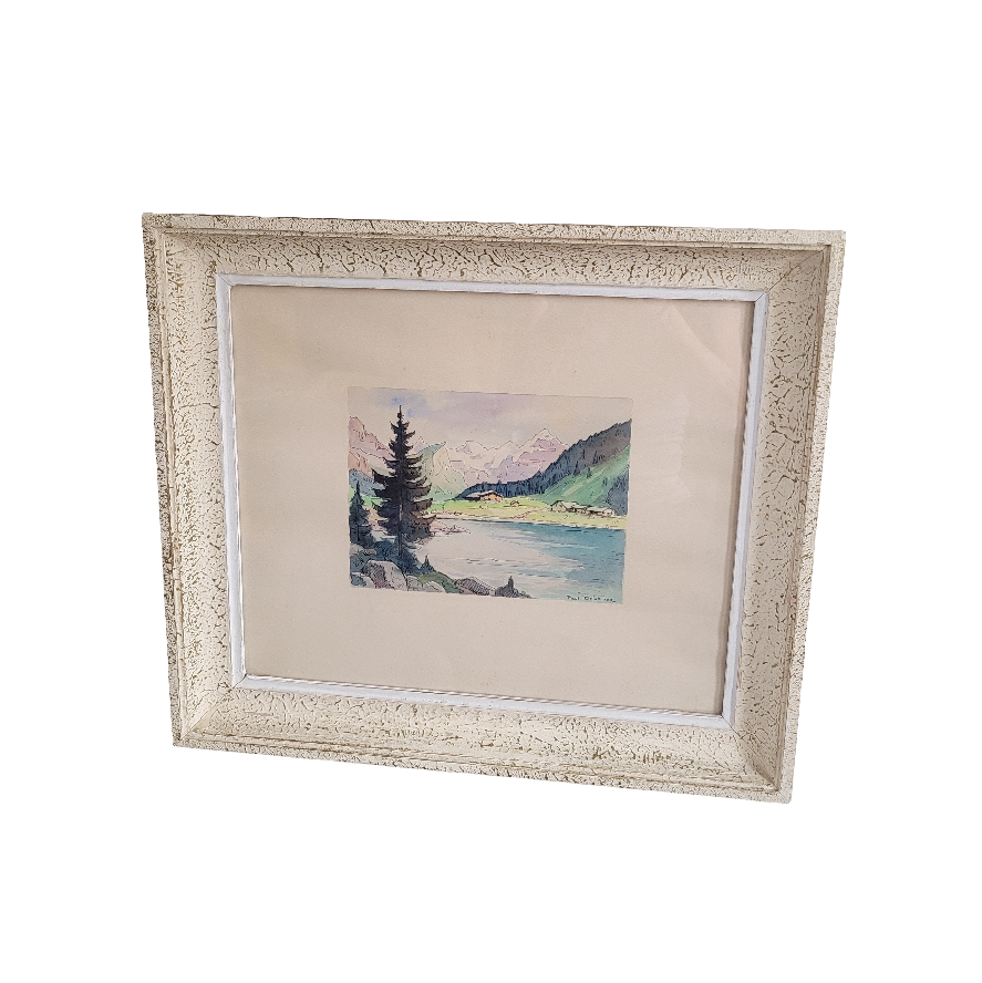 Tableau aquarelle paysage de montagne signé - Ref 384