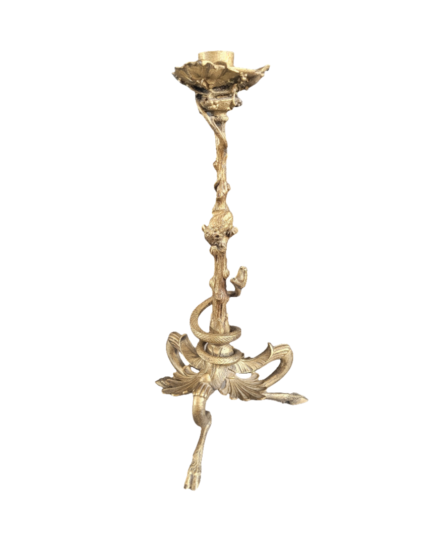 Bougeoir tripode en bronze doré serpent et souris - Ref 406