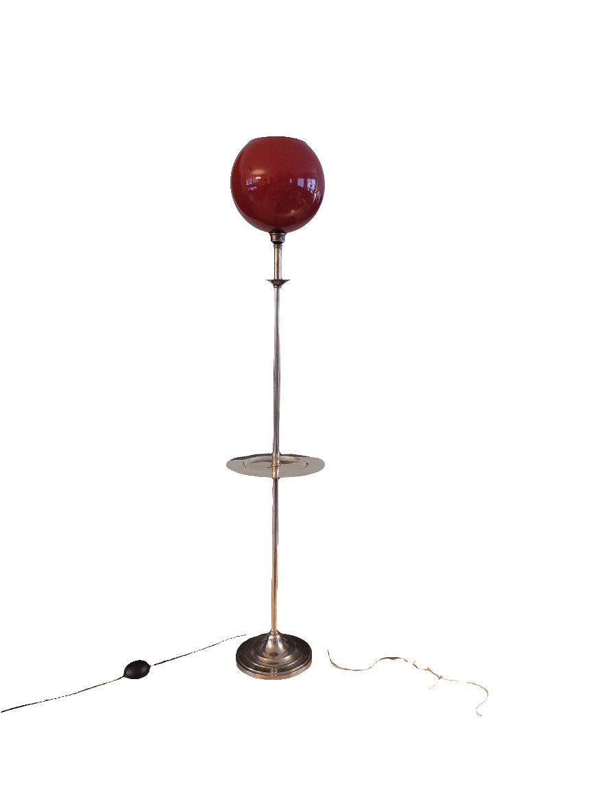 Lampadaire à plateau avec globe en verre opaline - Ref 251