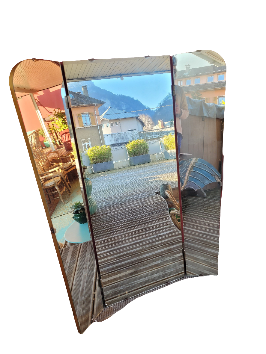 Grand miroir triptyque vintage en teck - Ref 250