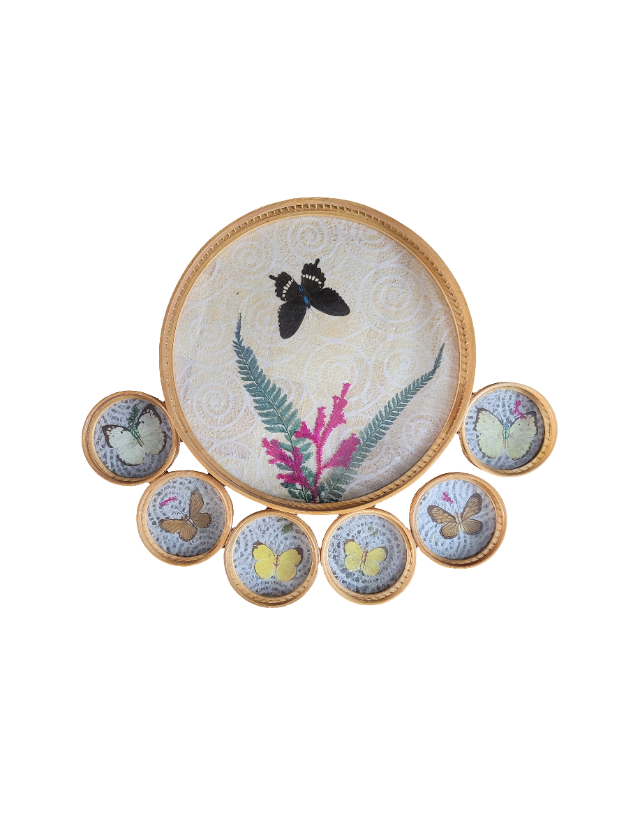 Plateau et 6 sous-verres papillons vintages en bambou - Ref 465