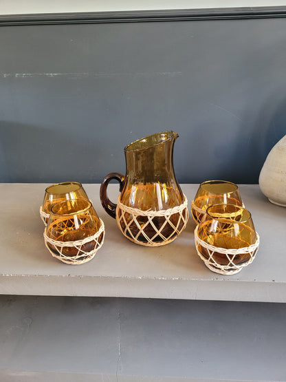 Service à orangeade en verre ambré et osier - Ref 809