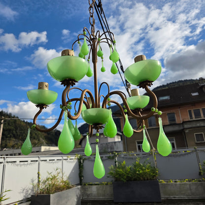 Lustre italien 5 feux en verre opalin vert à l'uranium - ouraline - Ref 1424